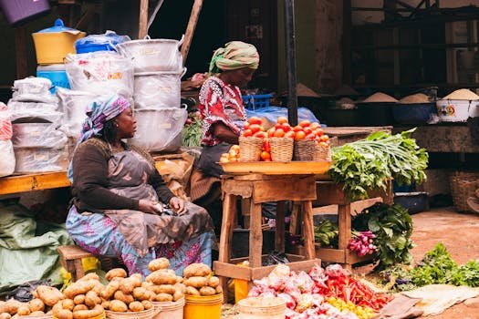 Colorful market scene in Jos, Nigeria showcasing women selling fresh produce with vibrant vegetables and baskets.
