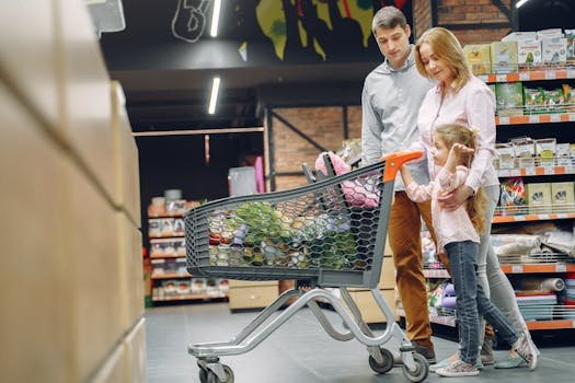 A joyful family with a child shopping together in a supermarket, bonding over groceries.