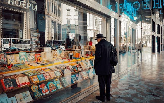 An elderly man in a chic outfit observes a colorful book display in Milan, Italy.