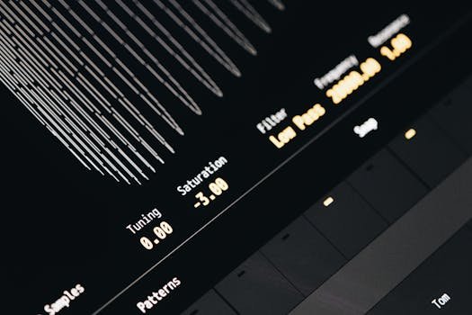 Close-up of a modern digital sound interface screen displaying tuning, saturation, and filter settings.