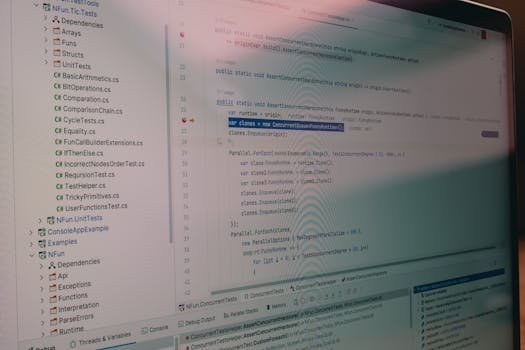 Detailed view of code and file structure in a software development environment.