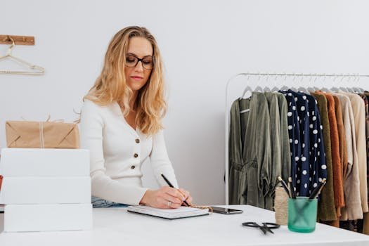 Caucasian woman in white sweater writing at desk with clothes rack