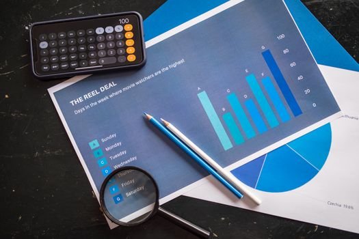 Overhead shot of business tools including graphs, calculator, pencils and a magnifying glass on a desk.